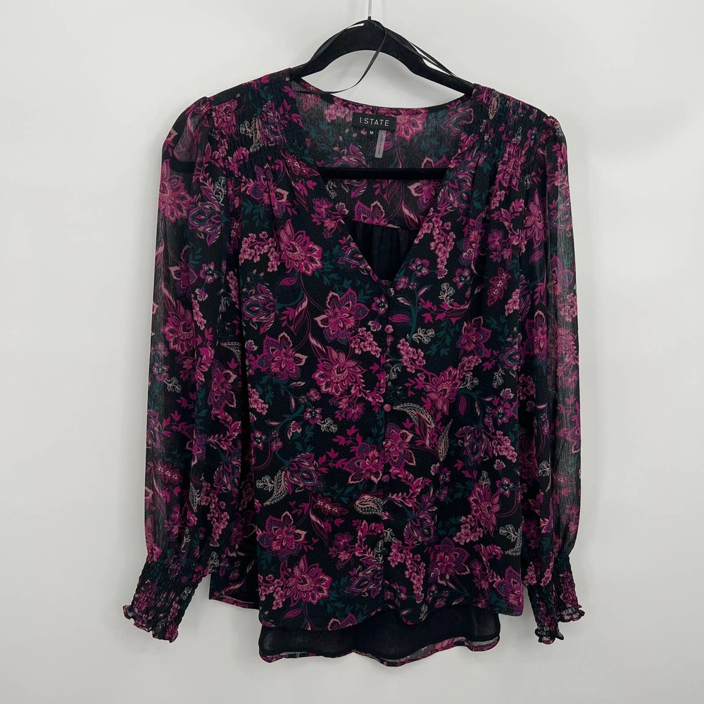 1. State Women's Purple & Black Floral Print Long Sleeve V-Neck Blouse Size M